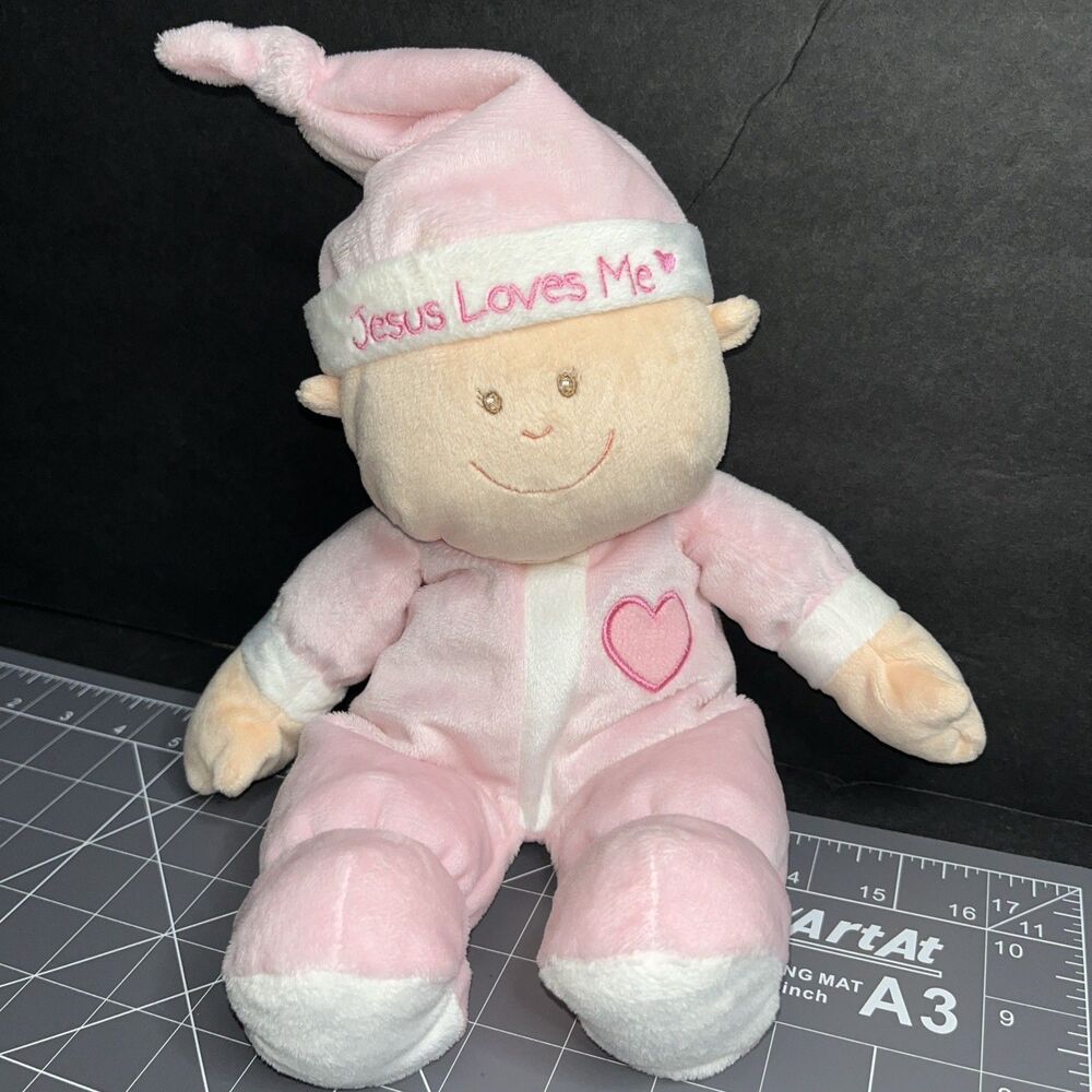 Baby Ganz Soft Baby Doll Pink “Jesus Loves Me” Hat/Cap Heart On Chest Plush
